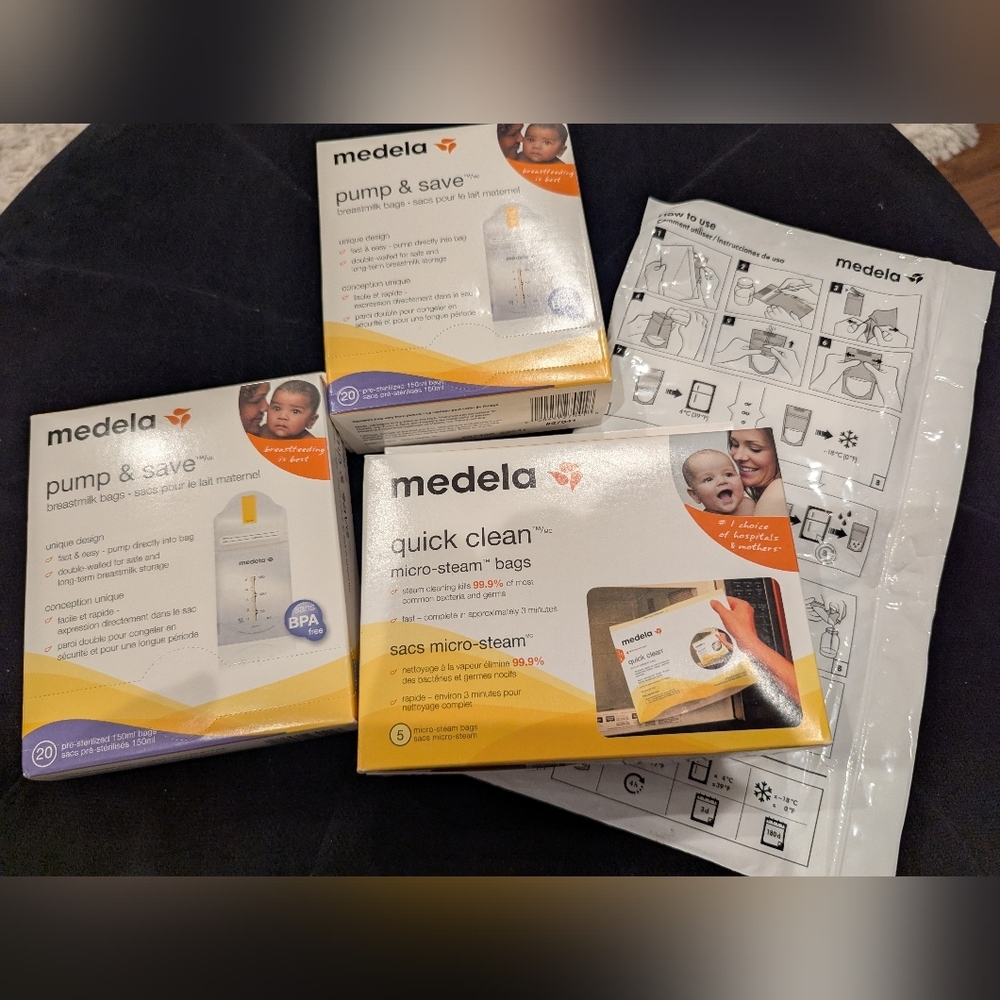 Medela Supplies Pump & Save milk Bags 2 Boxes & Steam Quick Clean Bags 1 Box